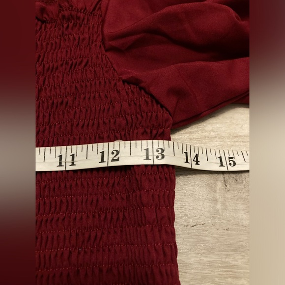 A26 Square Neck Smocked Blouse Flounced Long Sleeve Maroon Puff Sleeve sz Small - Picture 14 of 15